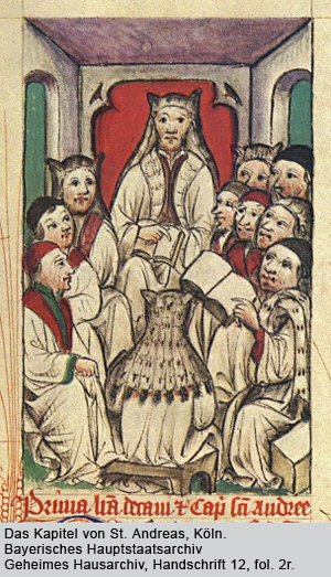 Das Kapitel von St. Andreas, Köln. Bayerisches Hauptstaatsarchiv Geheimes Hausarchiv, Handschrift 12, fol. 2r